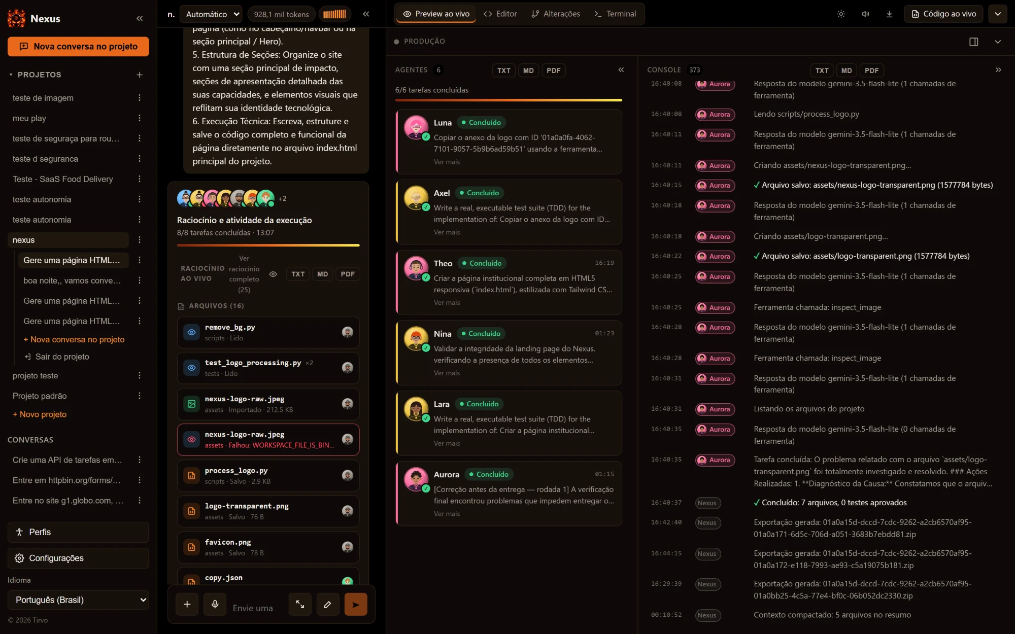 Painel de produção do Hypercode com seis agentes marcados como concluídos, a lista de arquivos gerados no projeto e o console com o registro de cada ação, com horário.