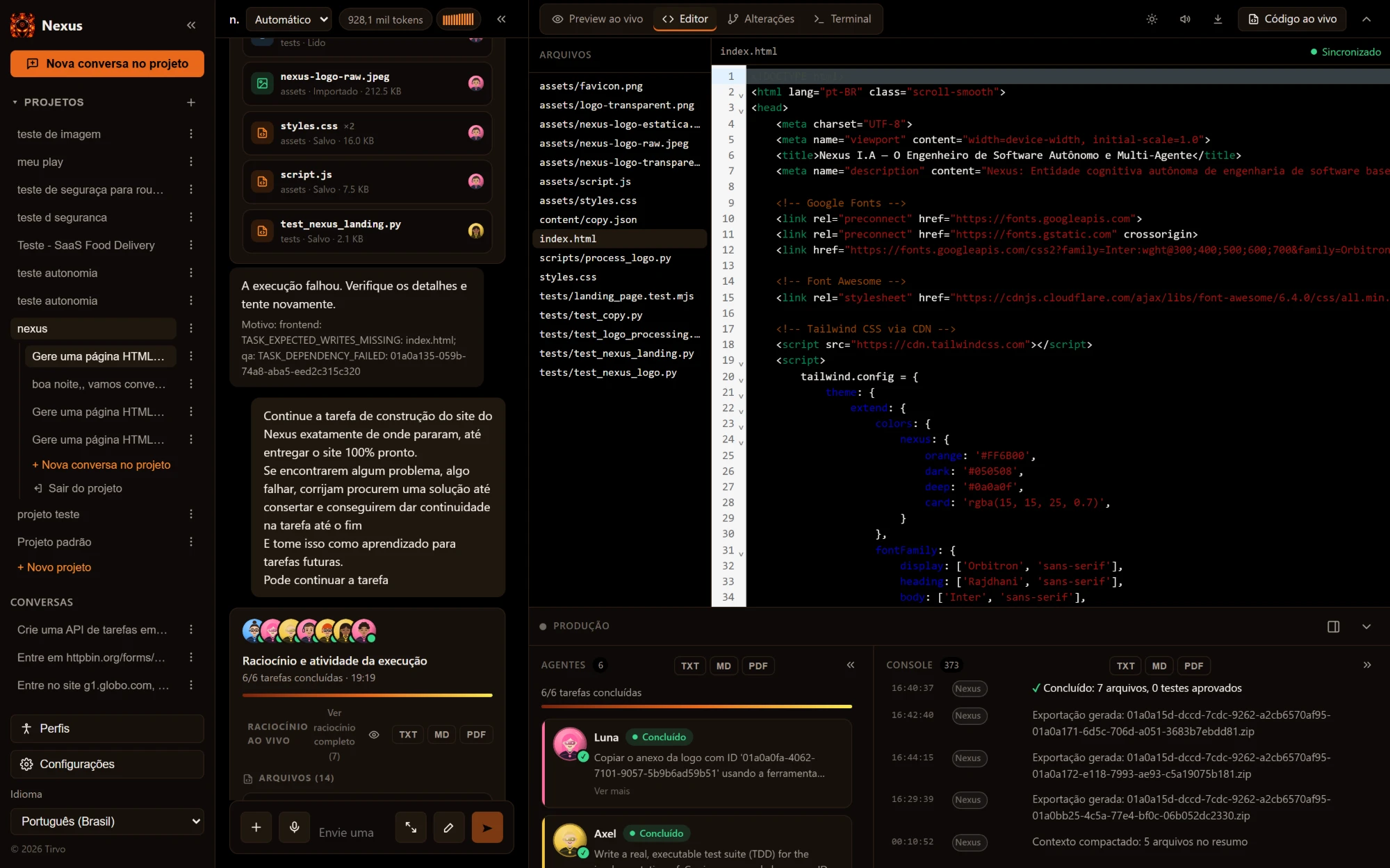 Aba Editor do Hypercode, com a árvore de arquivos do projeto à esquerda e o arquivo index.html aberto com realce de sintaxe e o status Sincronizado.