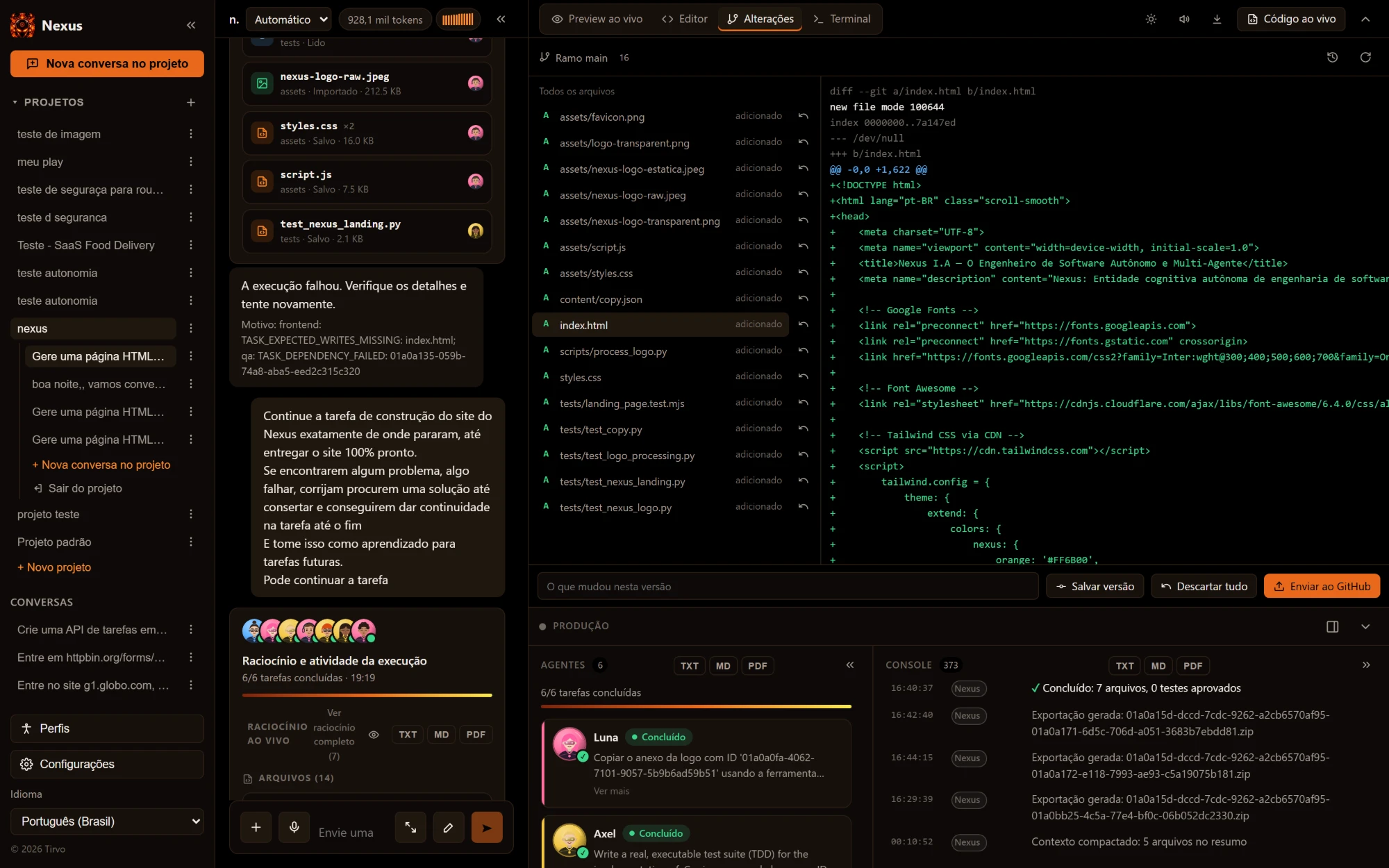 Aba Alterações do Hypercode, com a lista de arquivos adicionados no ramo main, o diff do arquivo index.html e os botões Salvar versão, Descartar tudo e Enviar ao GitHub.