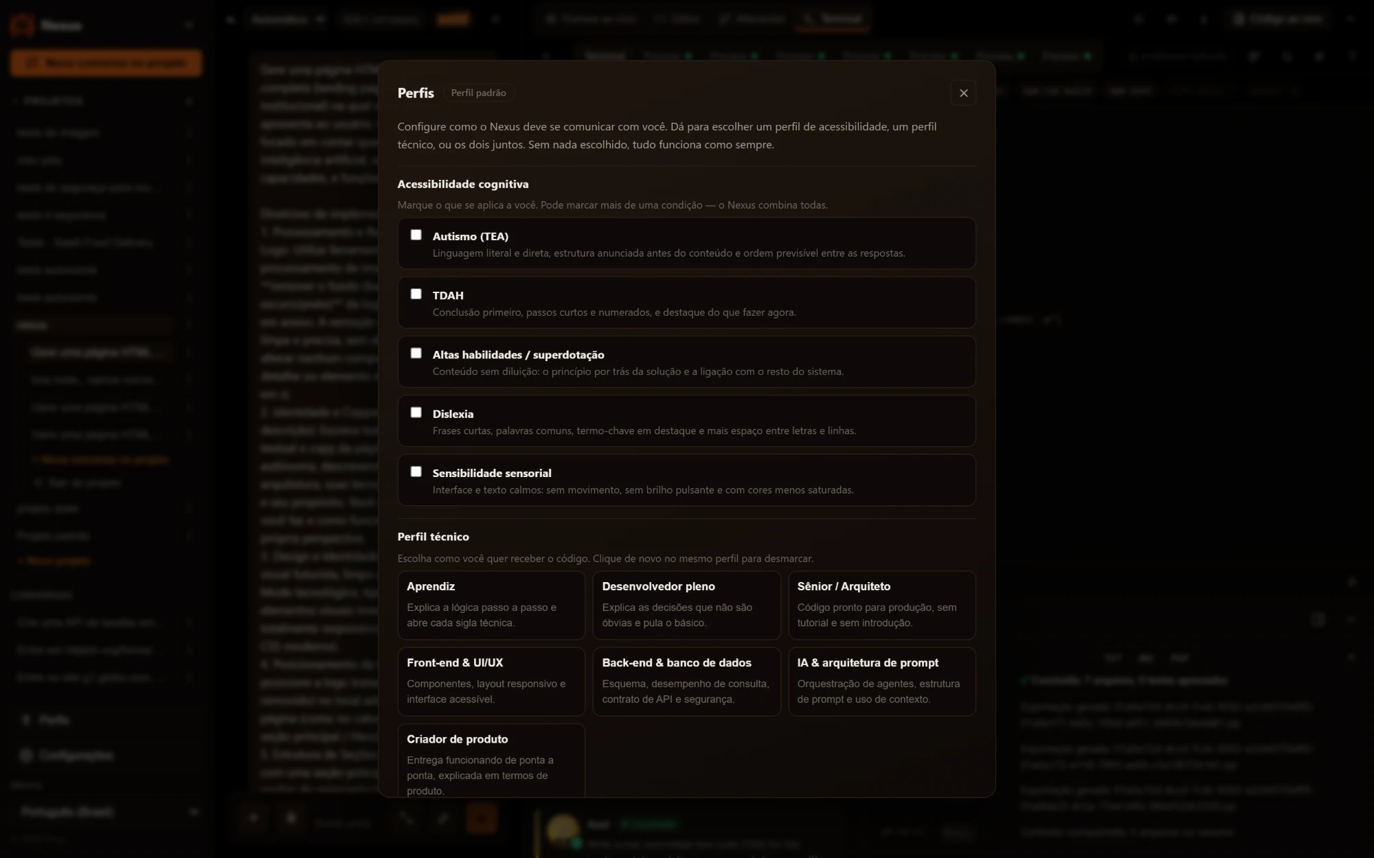 Janela Perfis do Nexus, com opções de acessibilidade cognitiva (Autismo, TDAH, Altas habilidades, Dislexia e Sensibilidade sensorial) e cartões de perfil técnico, como Aprendiz, Desenvolvedor pleno, Sênior, Front-end, Back-end, IA e Criador de produto.