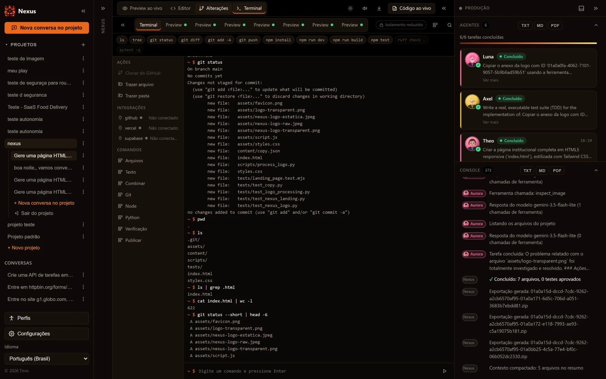 Tela do Nexus com o terminal no centro, mostrando a saída de git status e ls, e à direita o painel de produção com os agentes concluídos e o console.